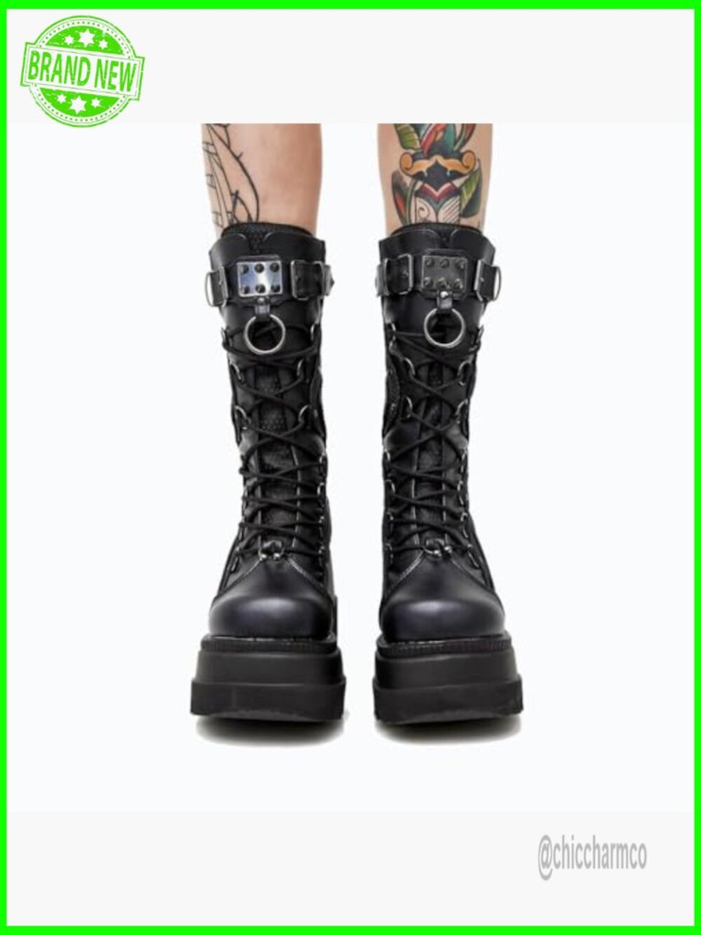Gothic Platform Combat Boots Chunky Wedge Lace-Up Mid-Calf - Picture 3 of 7